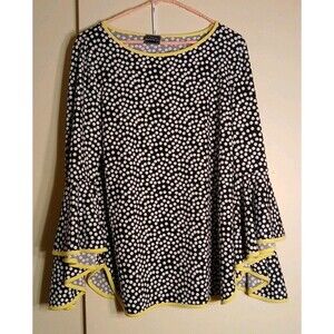 Coco Bianca Black & White Polka Dot W/Yellow Trim Bell Sleeve Pullover Blouse 1X